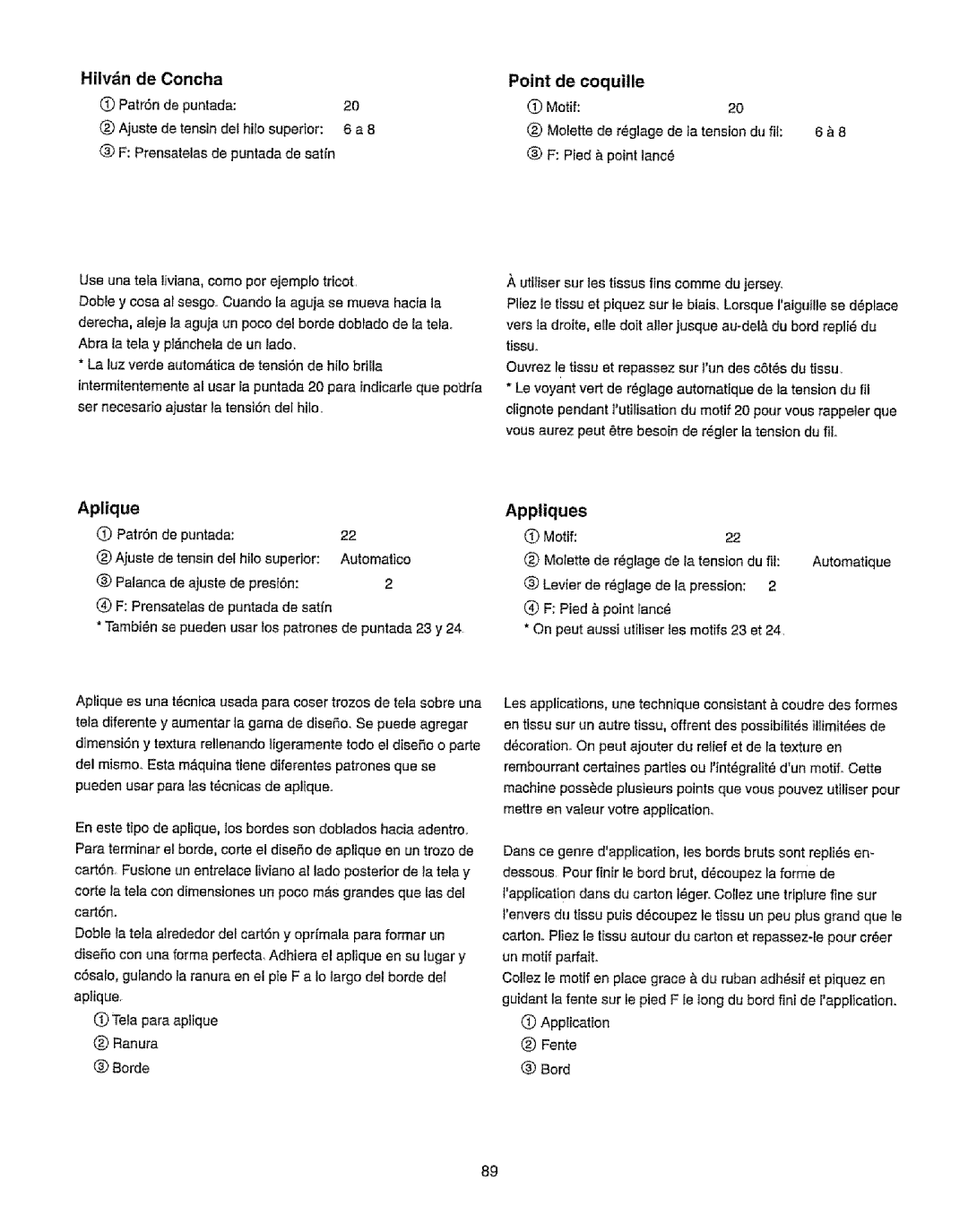 Kenmore 385.19365 owner manual Appliques, Hilvn de Concha, Point De coquille, Aplique, Tissu 