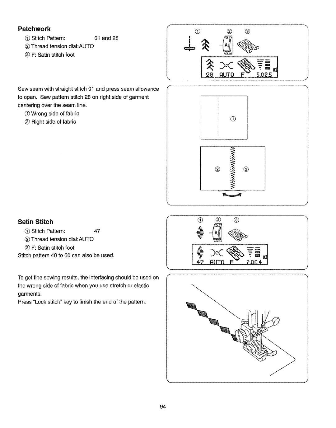 Kenmore 385.19365 owner manual Patchwork, Satin Stitch, DStitch Pattern Thread tension dialAUTO 