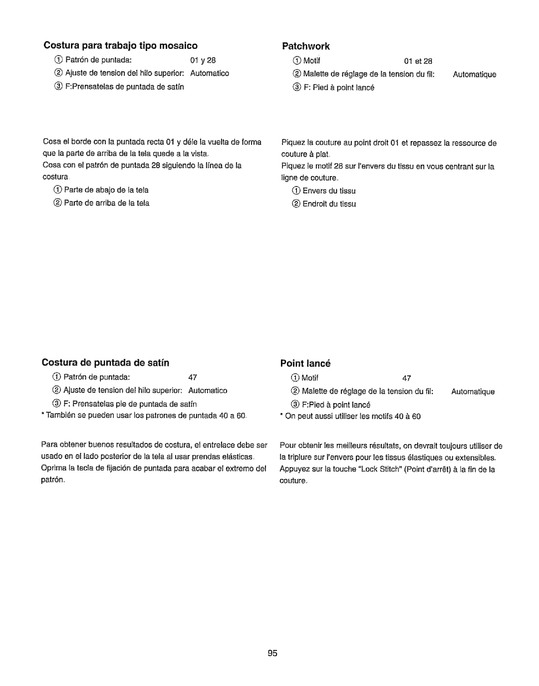 Kenmore 385.19365 owner manual Costura para trabajo tipo mosaico, Patchwork, Costura de puntada De satfn, Point, Lanc 