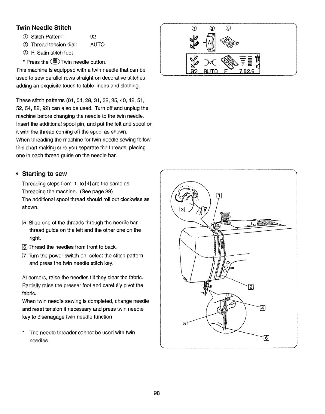 Kenmore 385.19365 owner manual Twin Needle Stitch, 92 qUT0 