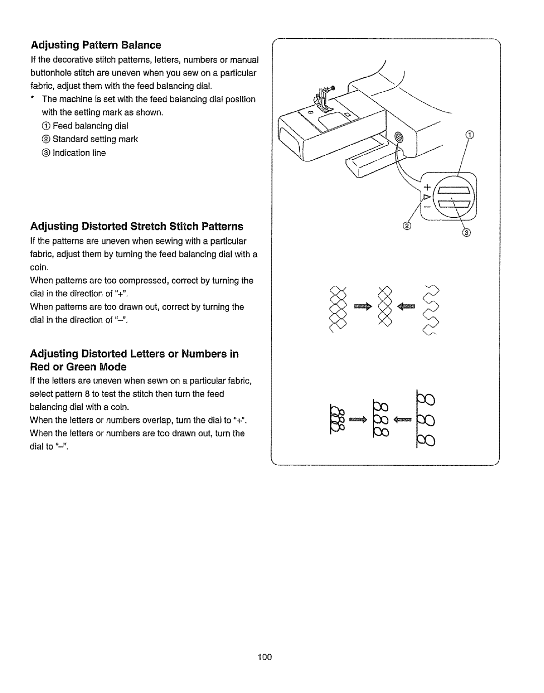 Kenmore 385.19365 owner manual Adjusting Pattern Balance, Adjusting Distorted Stretch Stitch Patterns 