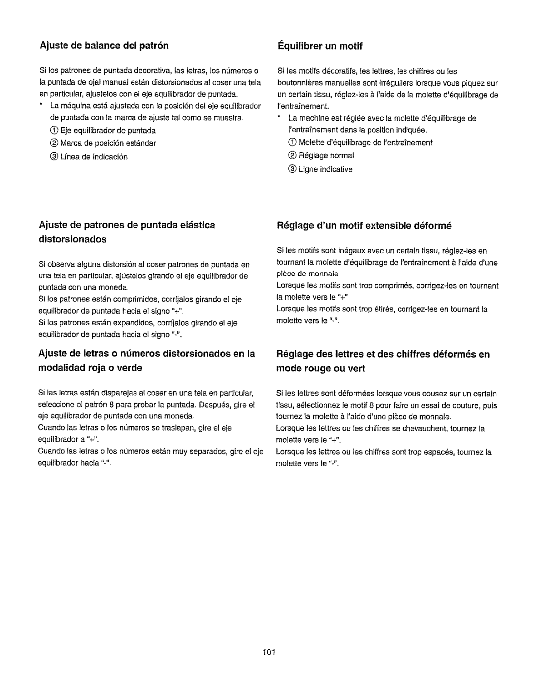 Kenmore 385.19365 Ajuste de balance del patr6n, Iquilibrer un motif, Ajuste de patrones de puntada eldstica Distorsionados 