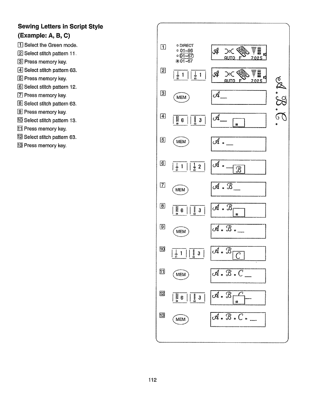 Kenmore 385.19365 owner manual Example A, B, C, Sewing Letters in Script Style, I12 