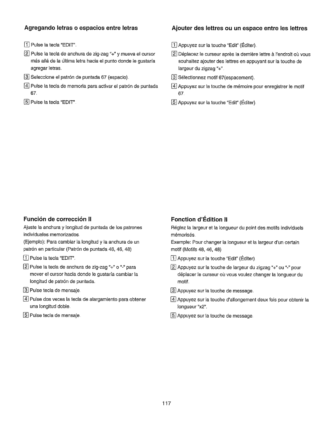 Kenmore 385.19365 owner manual Agregando letras o espacios entre letras, Funci6n de correcci6n, Fonction dEdition, 117 