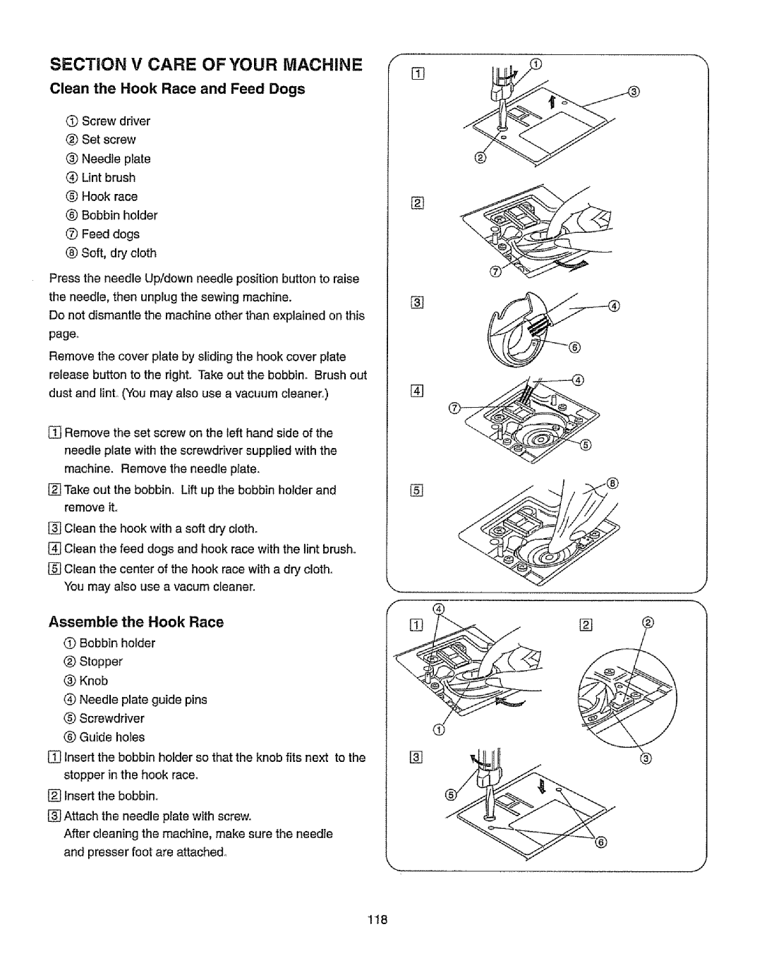 Kenmore 385.19365 owner manual Section V Care of Your Machine, Assemble Hook Race 