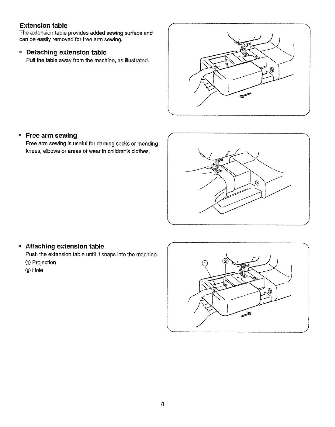 Kenmore 385.19365 owner manual Extension table, Free arm sewing, Detaching extension table, Attaching extension table 