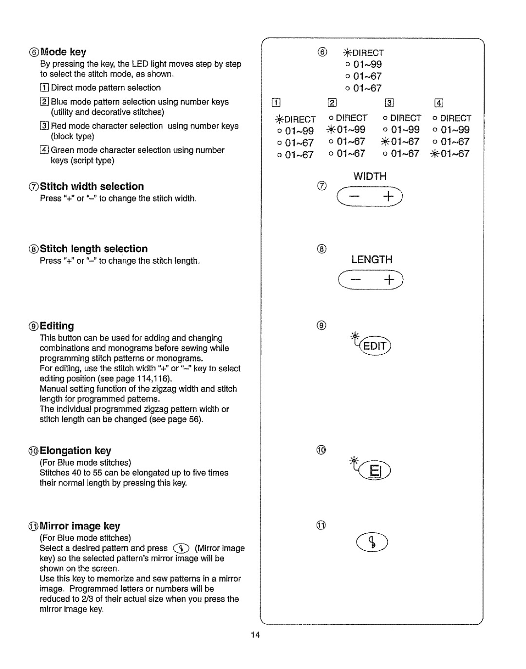 Kenmore 385.19365 owner manual Stitch width selection, Stitch length selection, Mirror image key, @Editing 