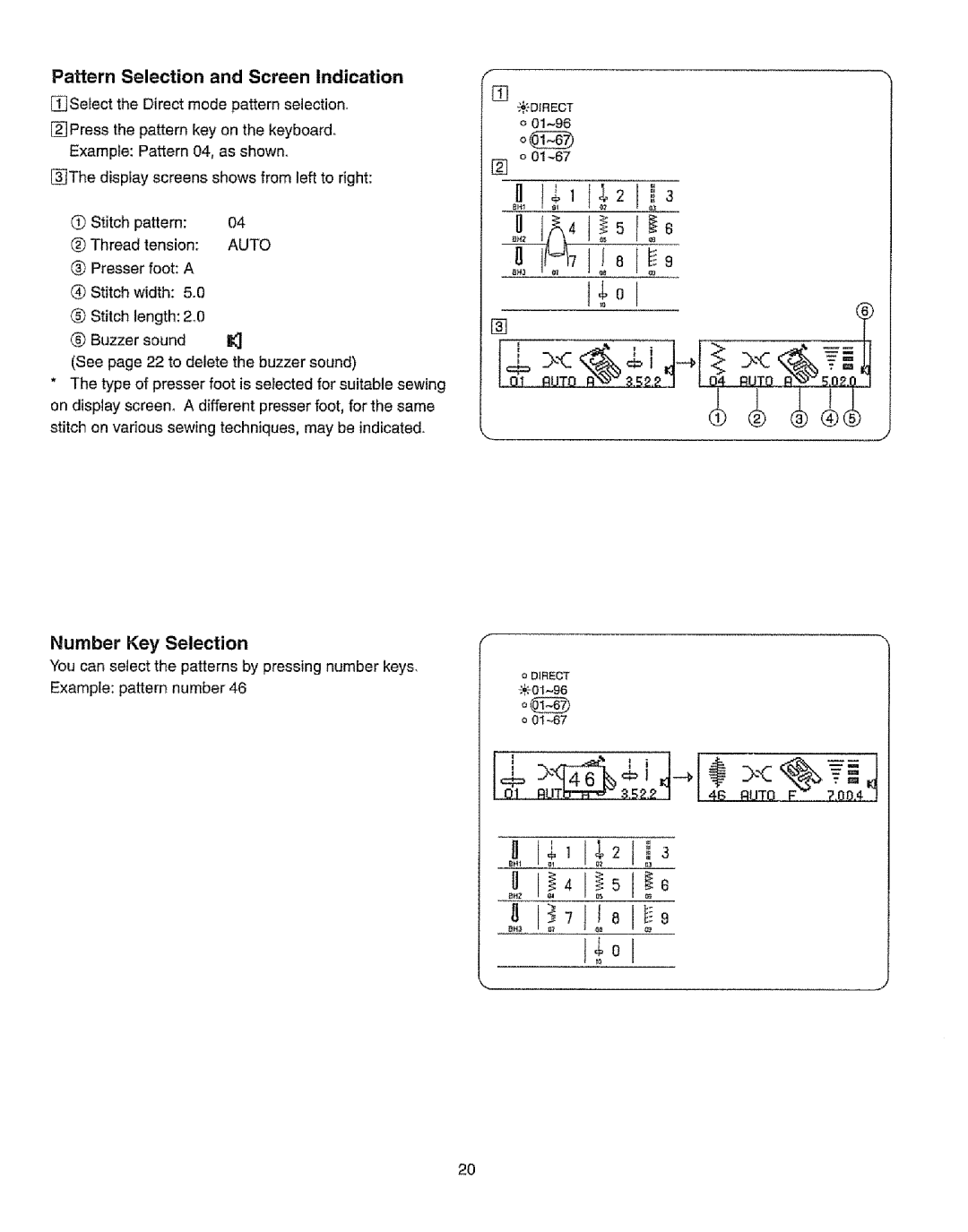 Kenmore 385.19365 Number Key Selection, Pattern Selection and Screen Indication, 01~96, Ol9.2,2/ / 4-6 Ruto F 2.08,4 