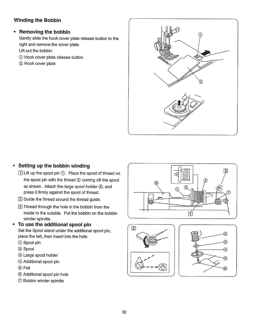 Kenmore 385.19365 Winding the Bobbin Removing the bobbin, Setting up the bobbin winding, Use Additional Spool pin 