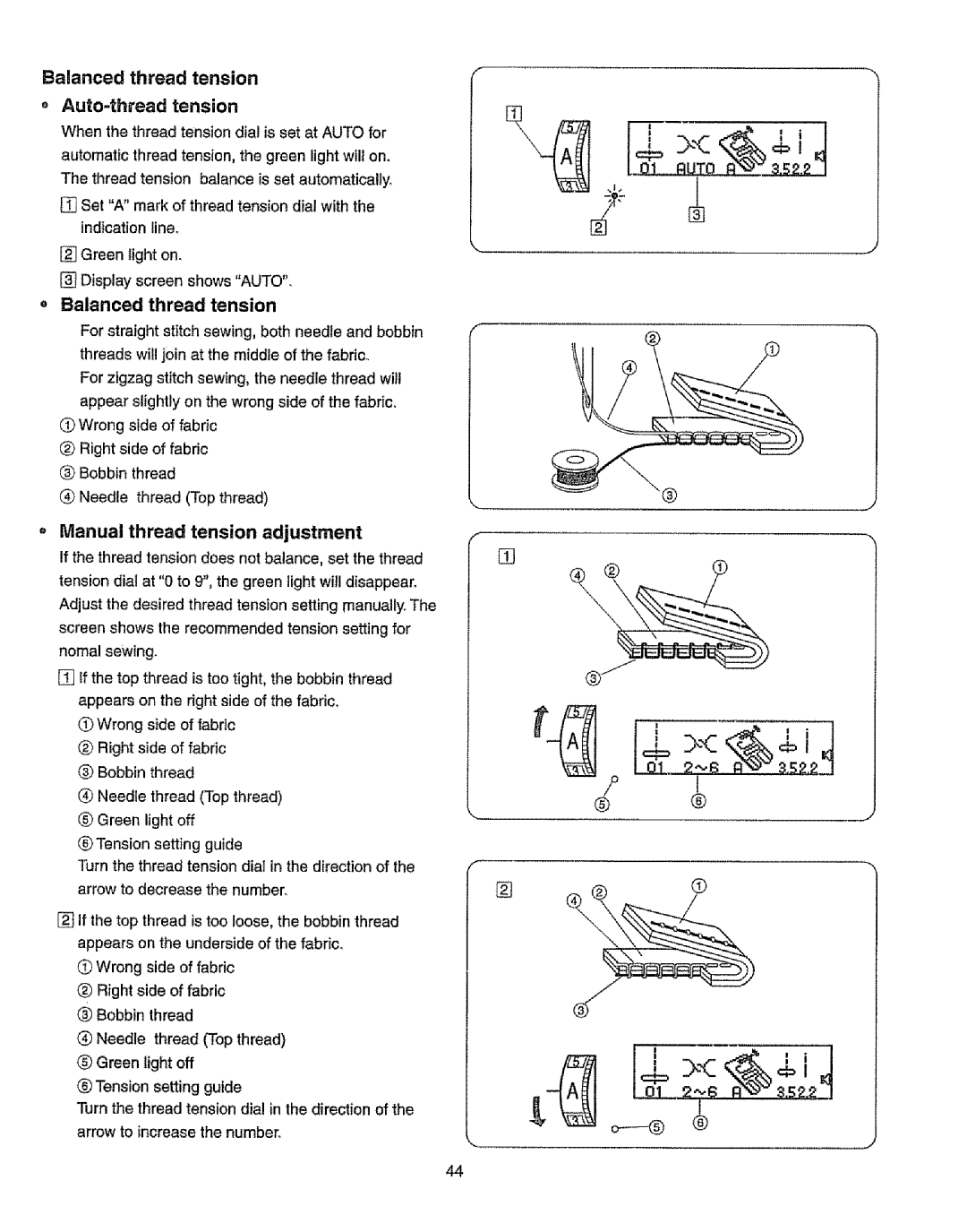 Kenmore 385.19365 owner manual Auto-thread tension, = Balanced thread tension, Manual thread tension adjustment 