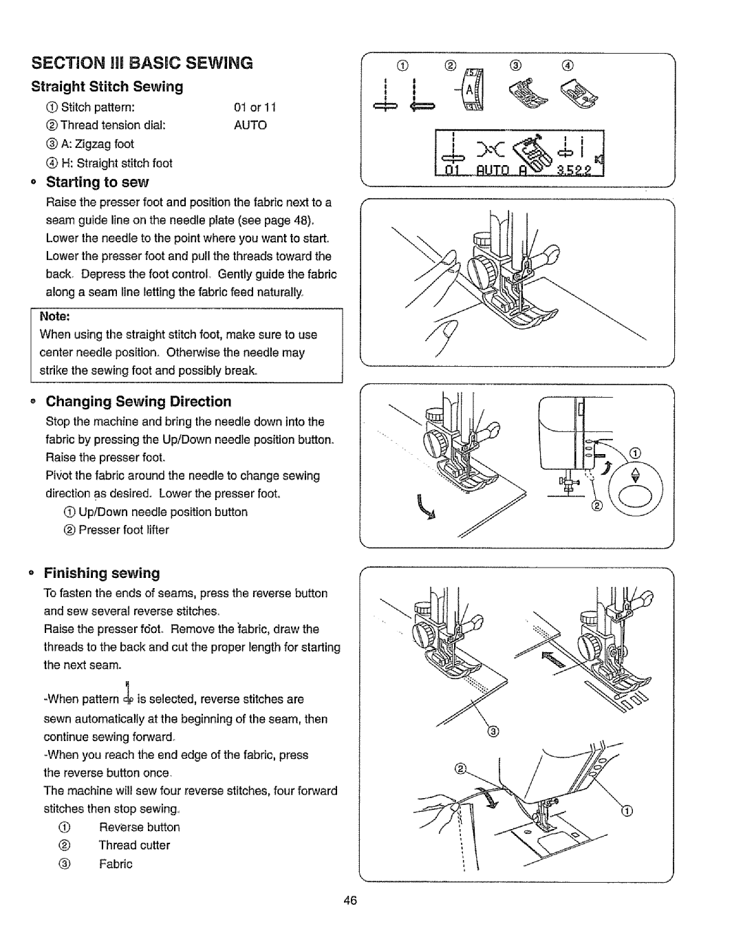 Kenmore 385.19365 Straight Stitch Sewing, Starting to sew, Changing Sewing Direction, Finishing sewing, Reverse button 