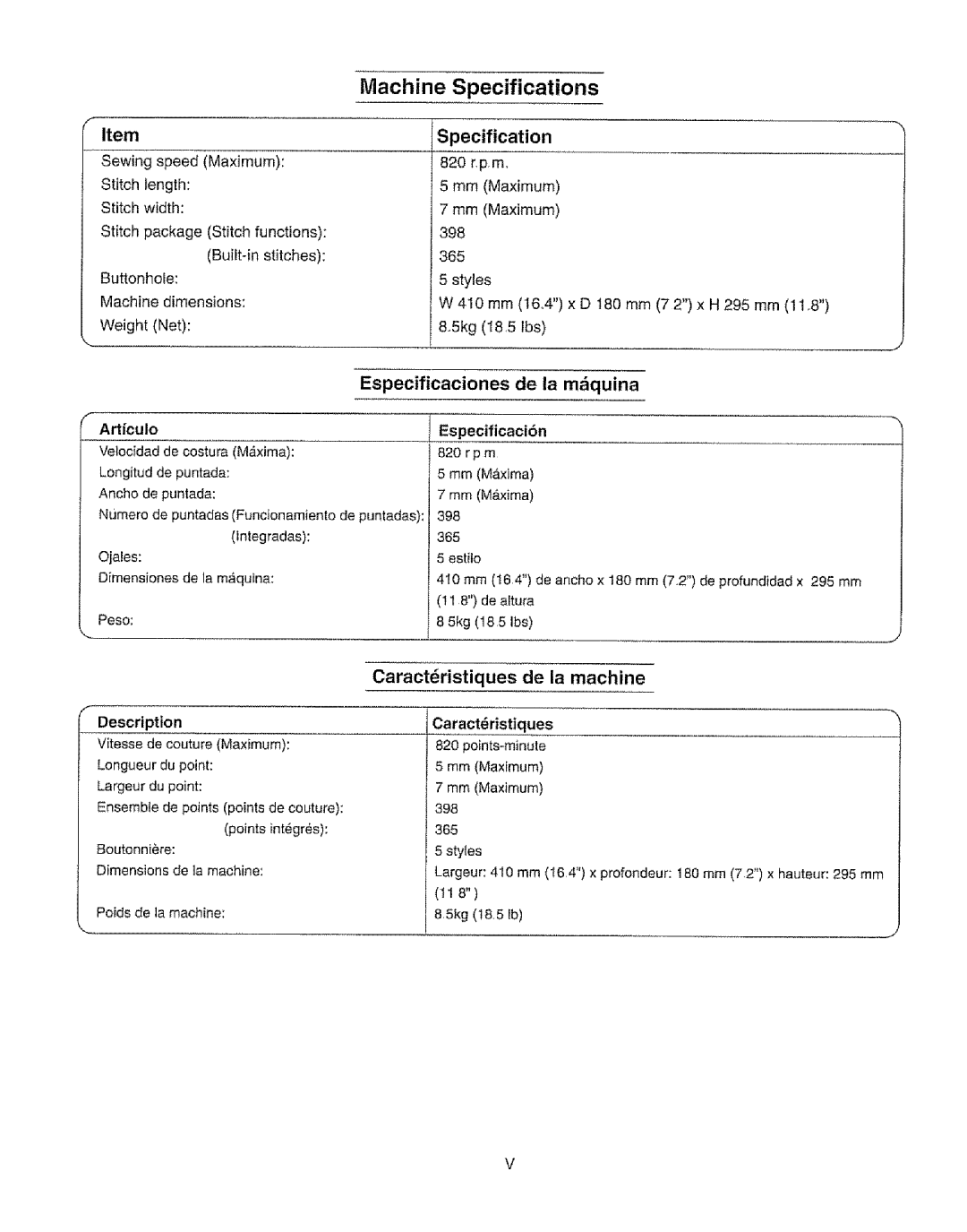 Kenmore 385.19365 owner manual Specification, Especificaciones, De la mquina, Caractristiques de la machine 