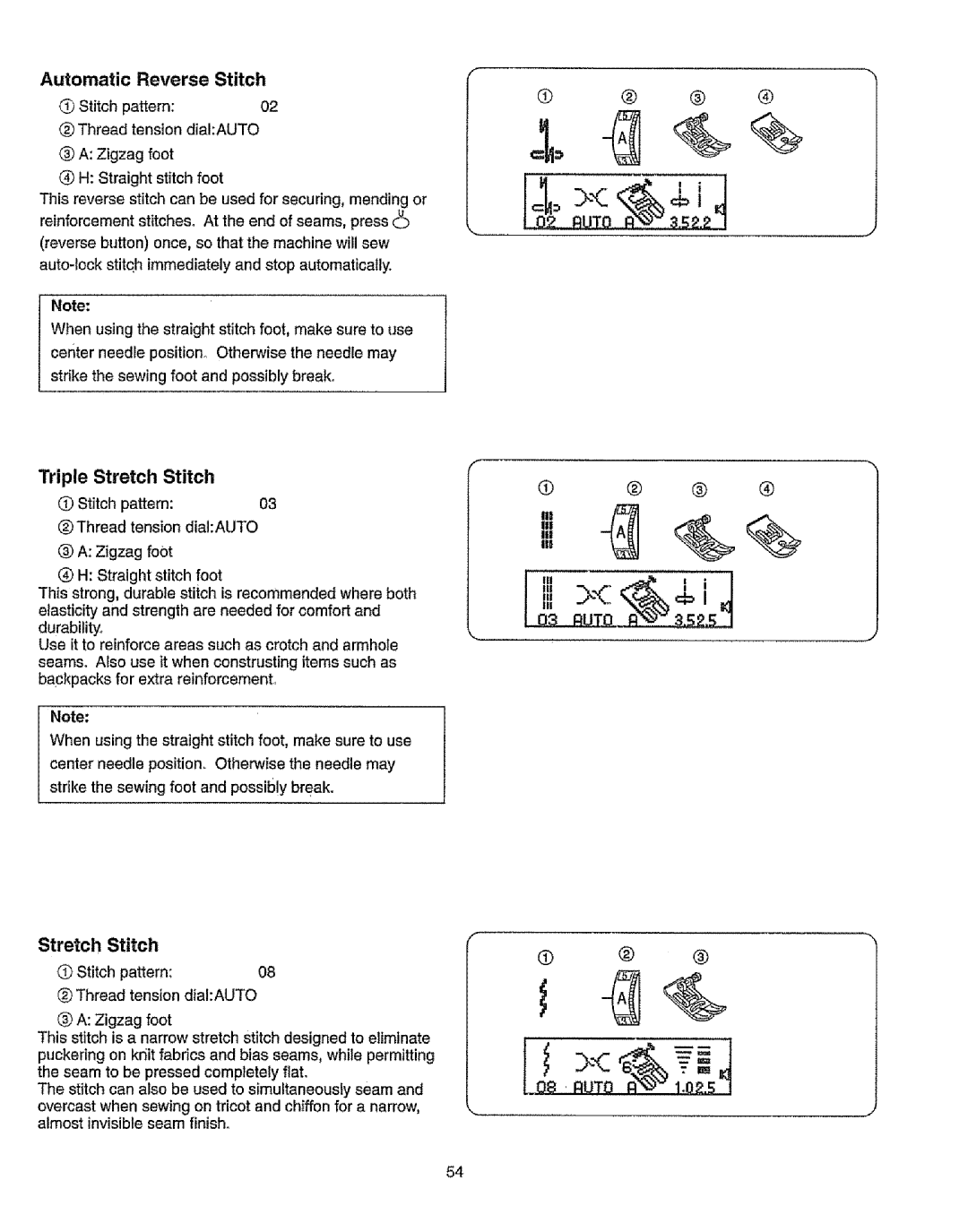 Kenmore 385.19365 owner manual Automatic Reverse Stitch, Triple Stretch Stitch, Stitch pattern @ Thread tension dialAUTO 