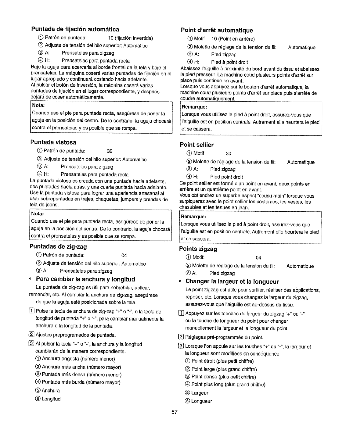 Kenmore 385.19365 owner manual Puntada de fijaci6n Automdtica, Point darrt automatique, Puntada vistosa, Point Sellier 