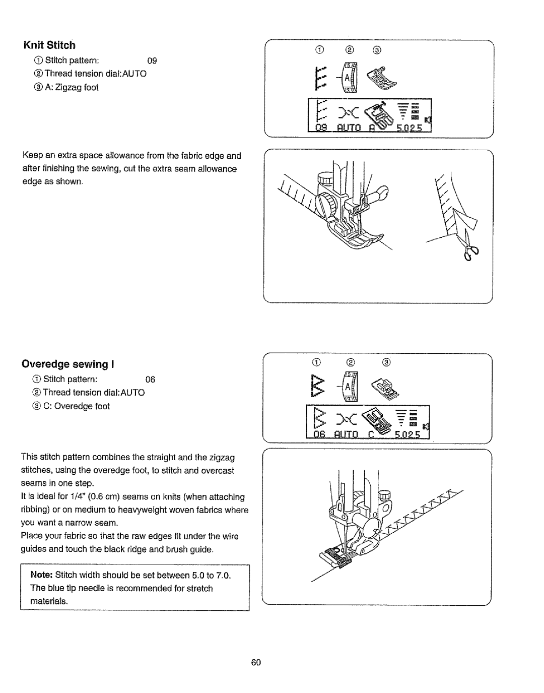 Kenmore 385.19365 owner manual Knit Stitch, Overedge sewing, Stitch pattern Thread tension dialAUTO Overedge Foot 