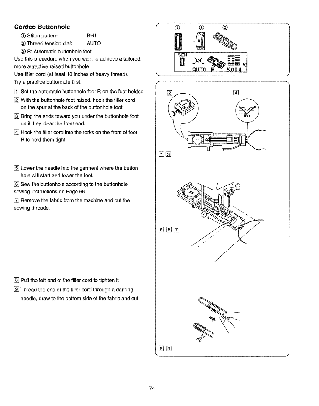 Kenmore 385.19365 owner manual Corded Buttonhole, Stitch pattern Thread tension dial, To tighten it 