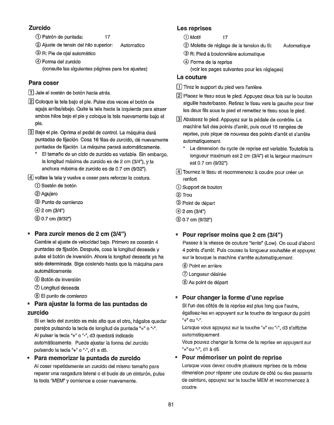 Kenmore 385.19365 owner manual Para coser, Pour repriser moins que 2 cm 3/4, Zurcido, Para zurcir menos de 2 cm 3/4 