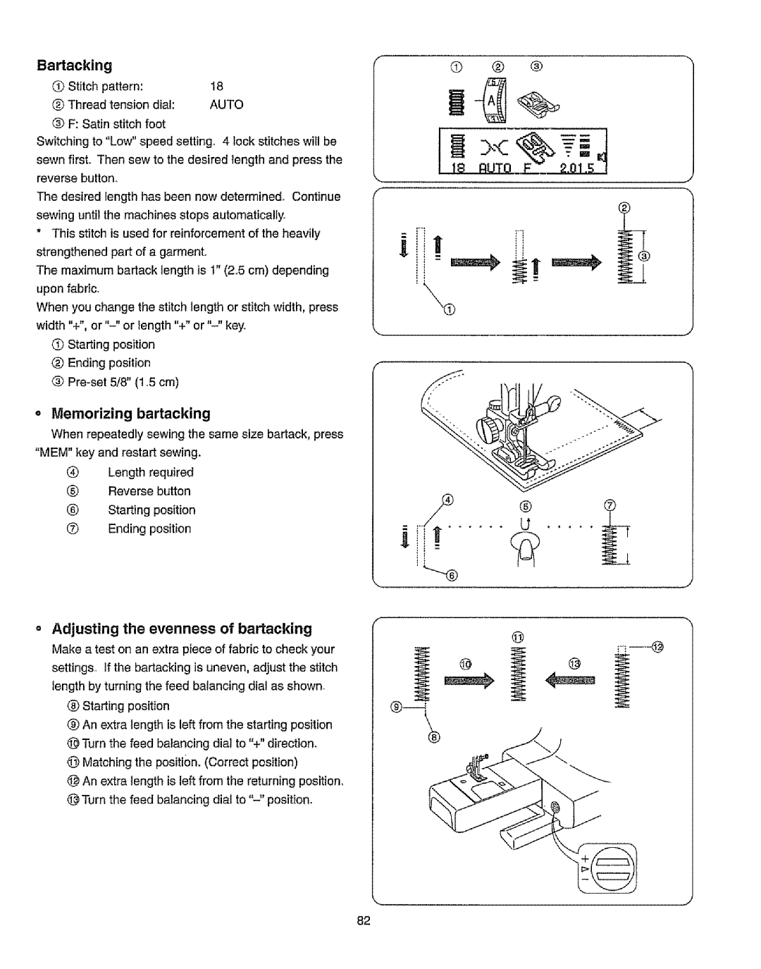 Kenmore 385.19365 owner manual Bartacking, Memorizing bartacking, Adjusting the evenness of bartacking 