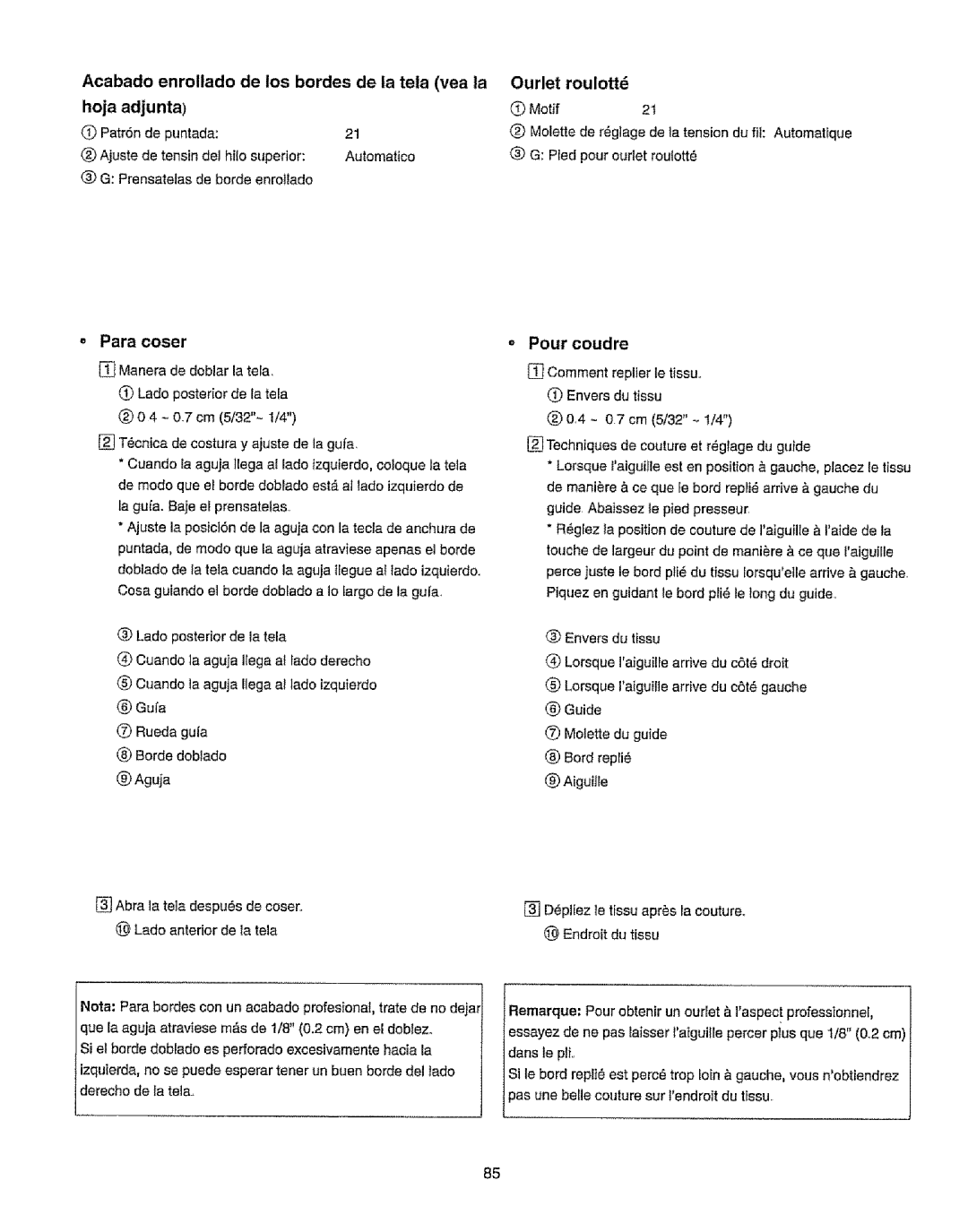 Kenmore 385.19365 owner manual Para coser, Ourlet, Roulott, Pour coudre 