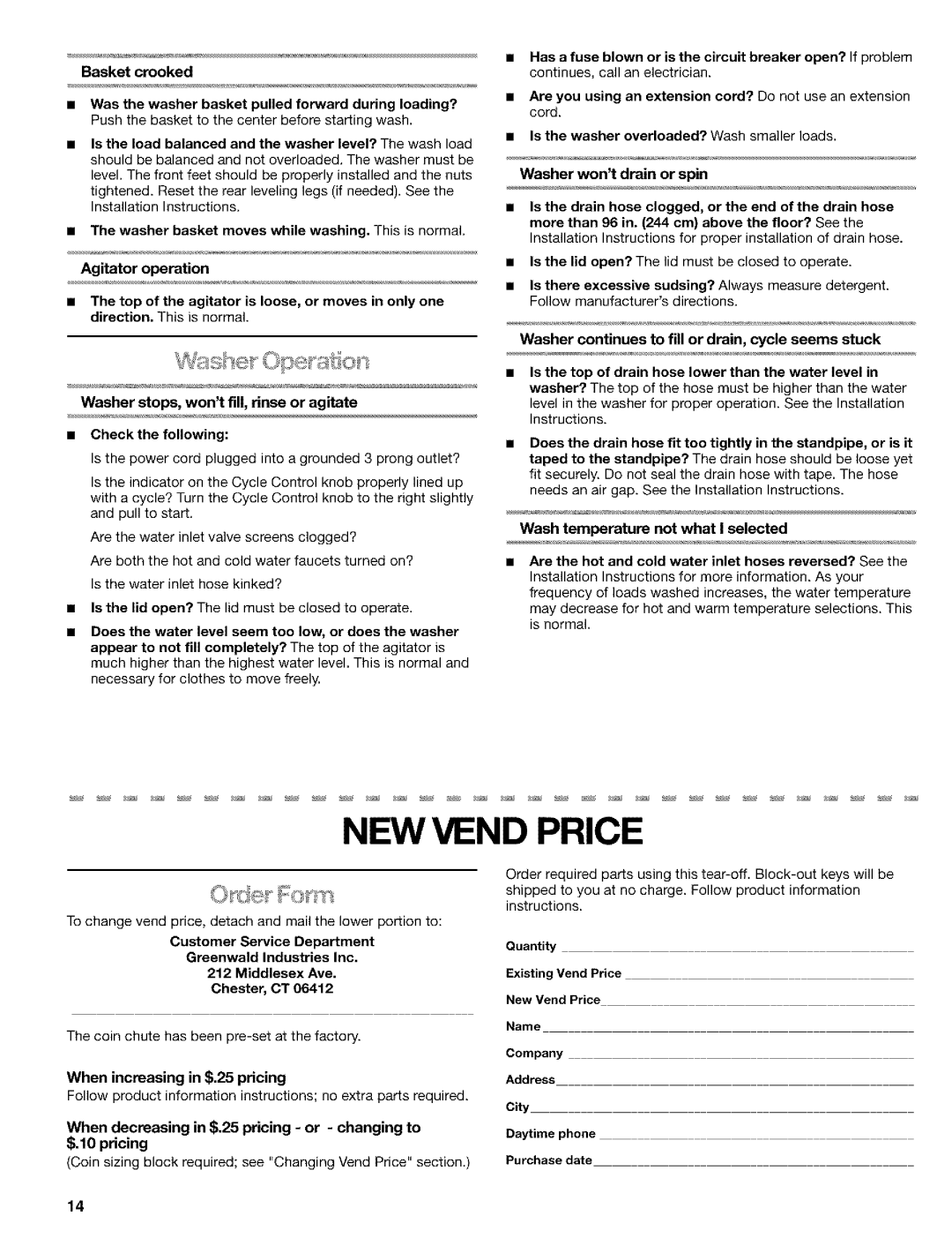 Kenmore 3948597B manual When increasing in $.25 pricing, When decreasing in $.25 pricing or changing to $.10 pricing 