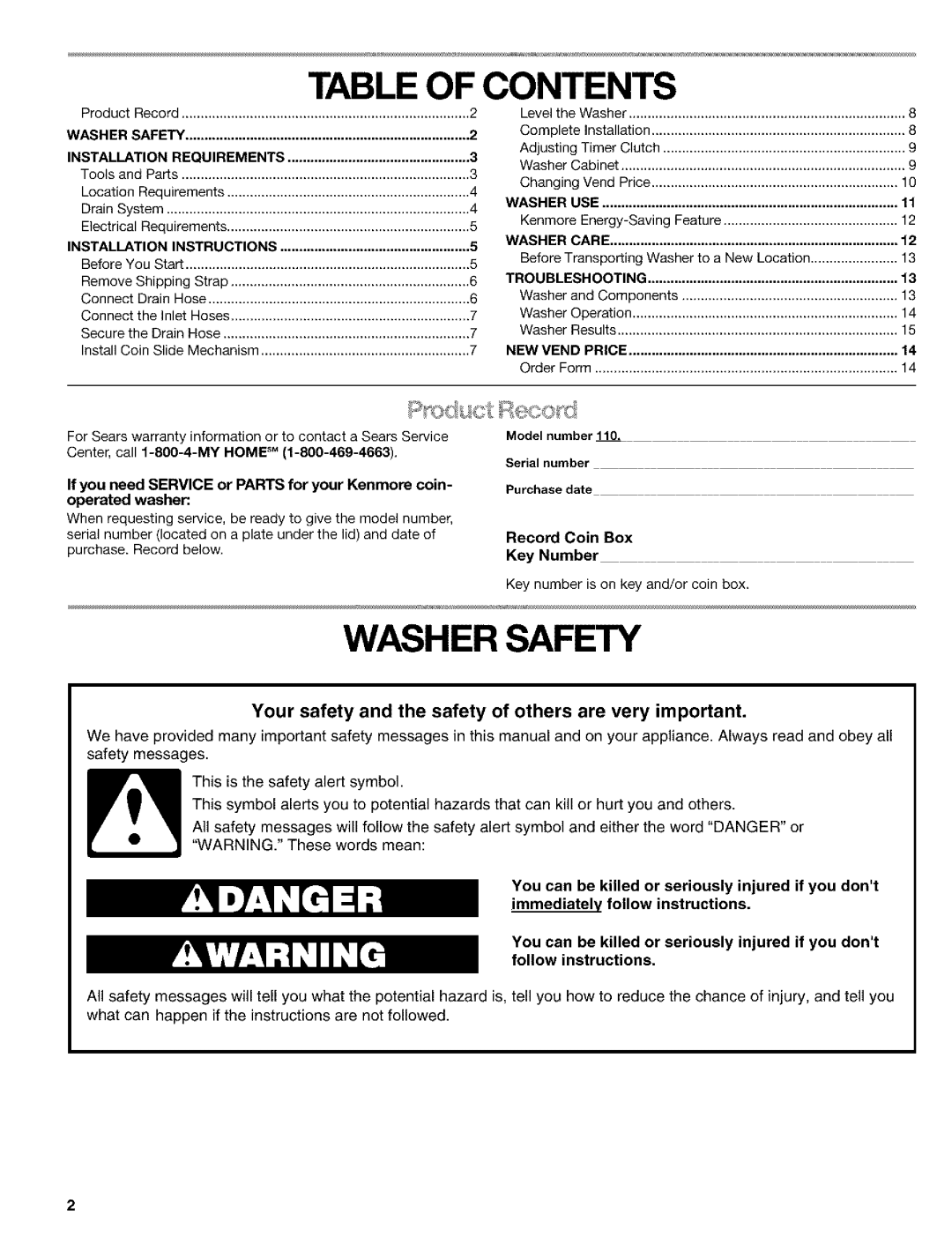 Kenmore 3948597B manual Table of Contents 