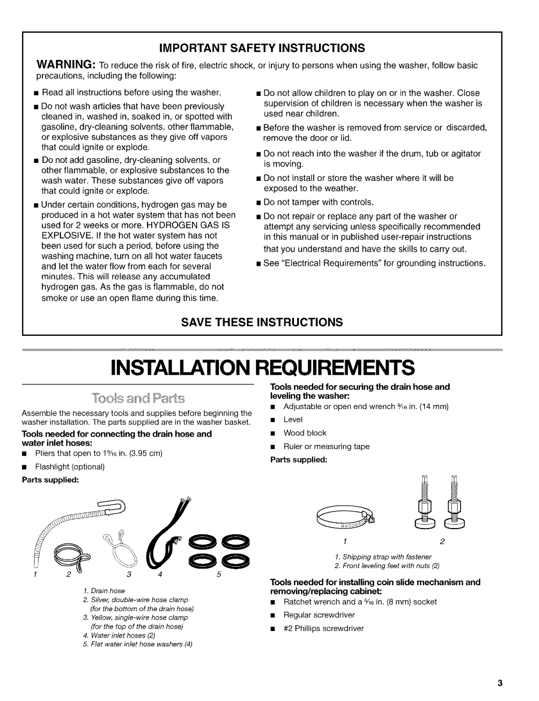 Kenmore 3948597B manual Important Safety Instructions, Parts supplied 