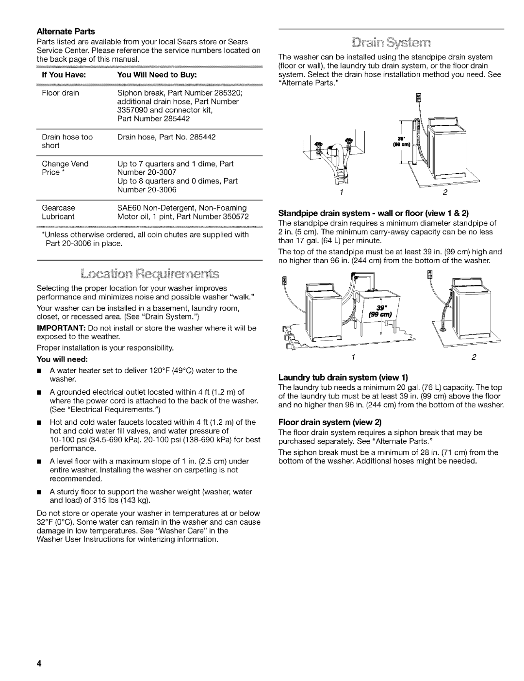 Kenmore 3948597B manual Alternate Parts, If You Have You Will Need to Buy, You will need, Floor drain system view 