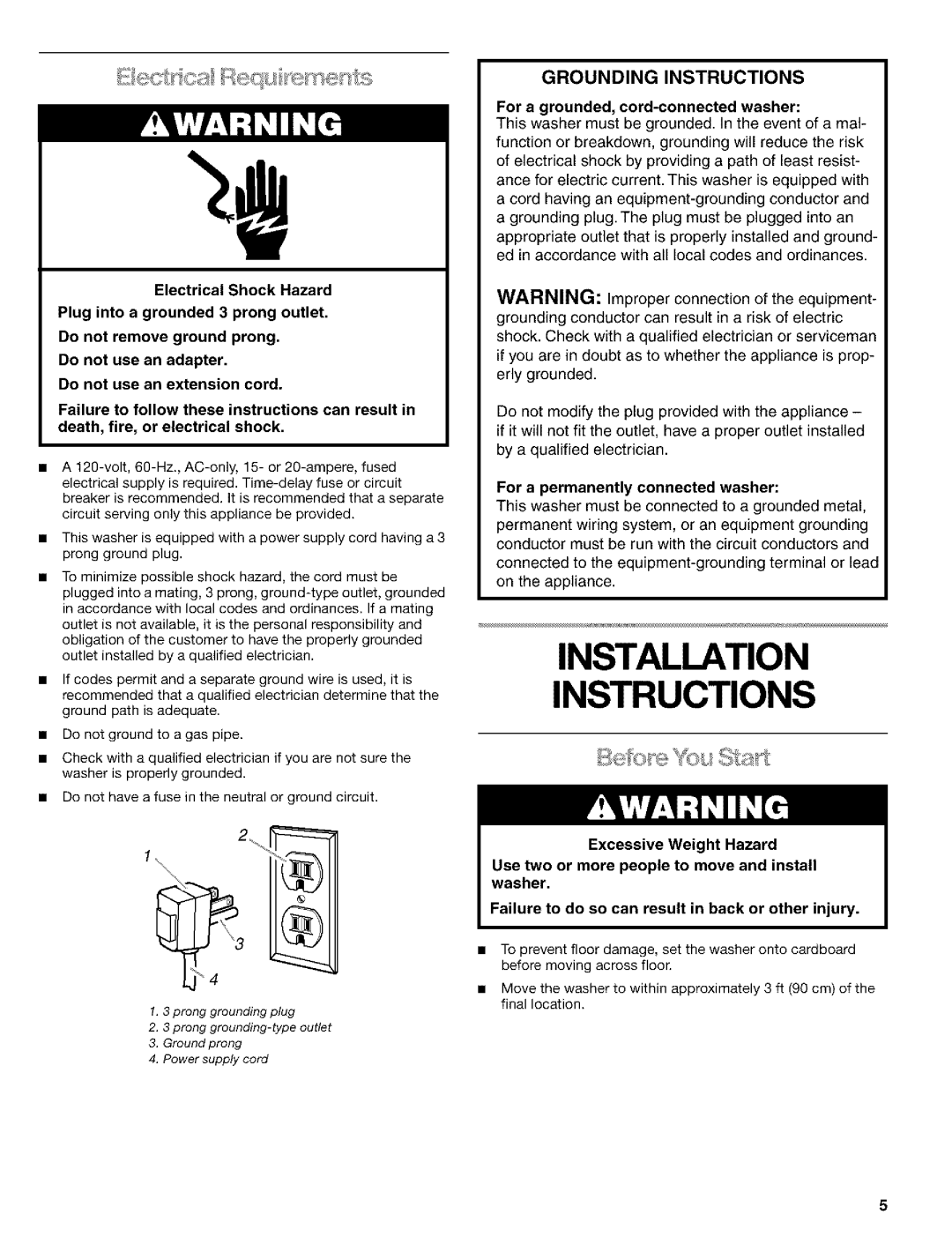 Kenmore 3948597B Installation Instructions, For a grounded, cord-connected washer, For a permanently connected washer 