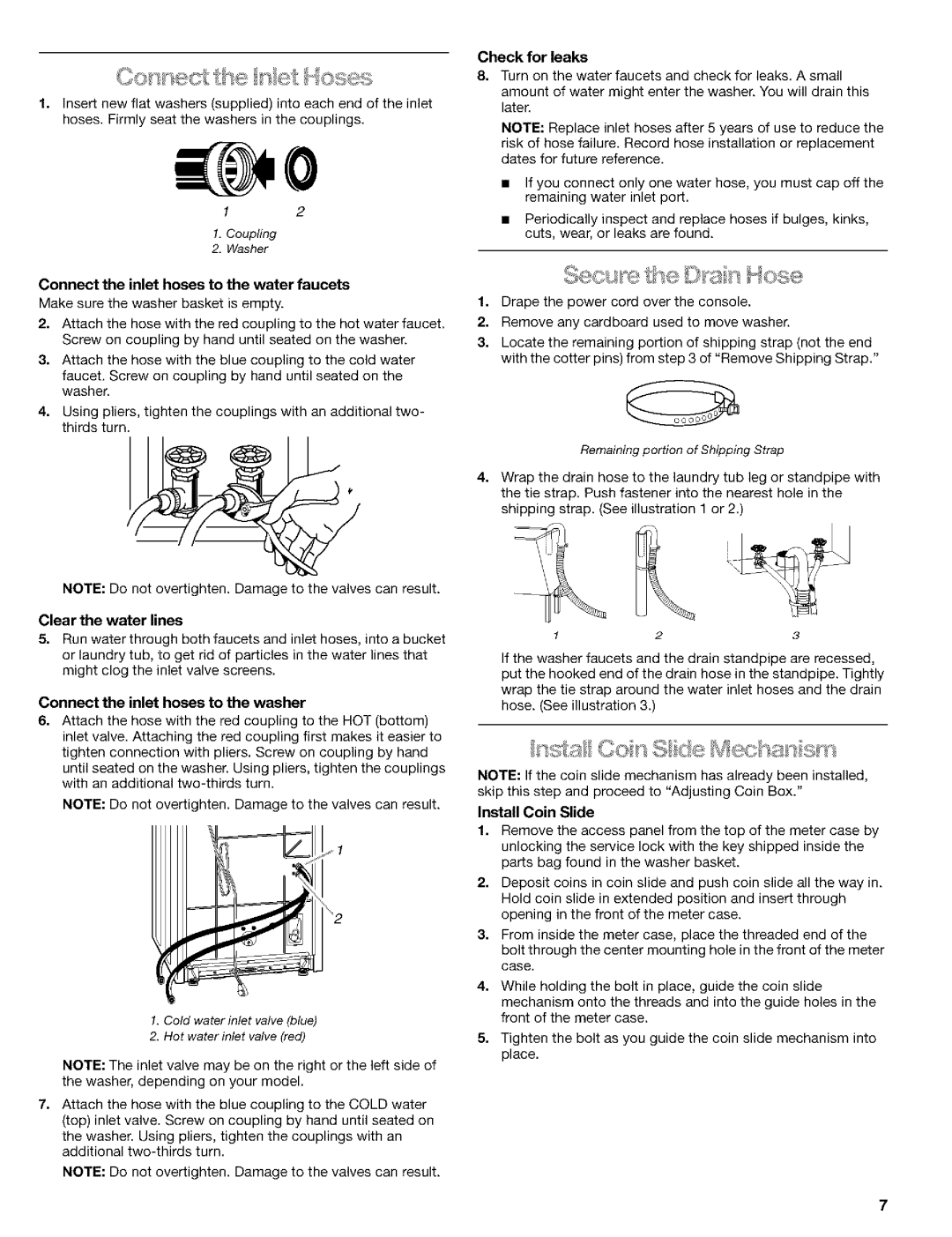 Kenmore 3948597B Connect the inlet hoses to the water faucets, Connect the inlet hoses to the washer, Install Coin Slide 