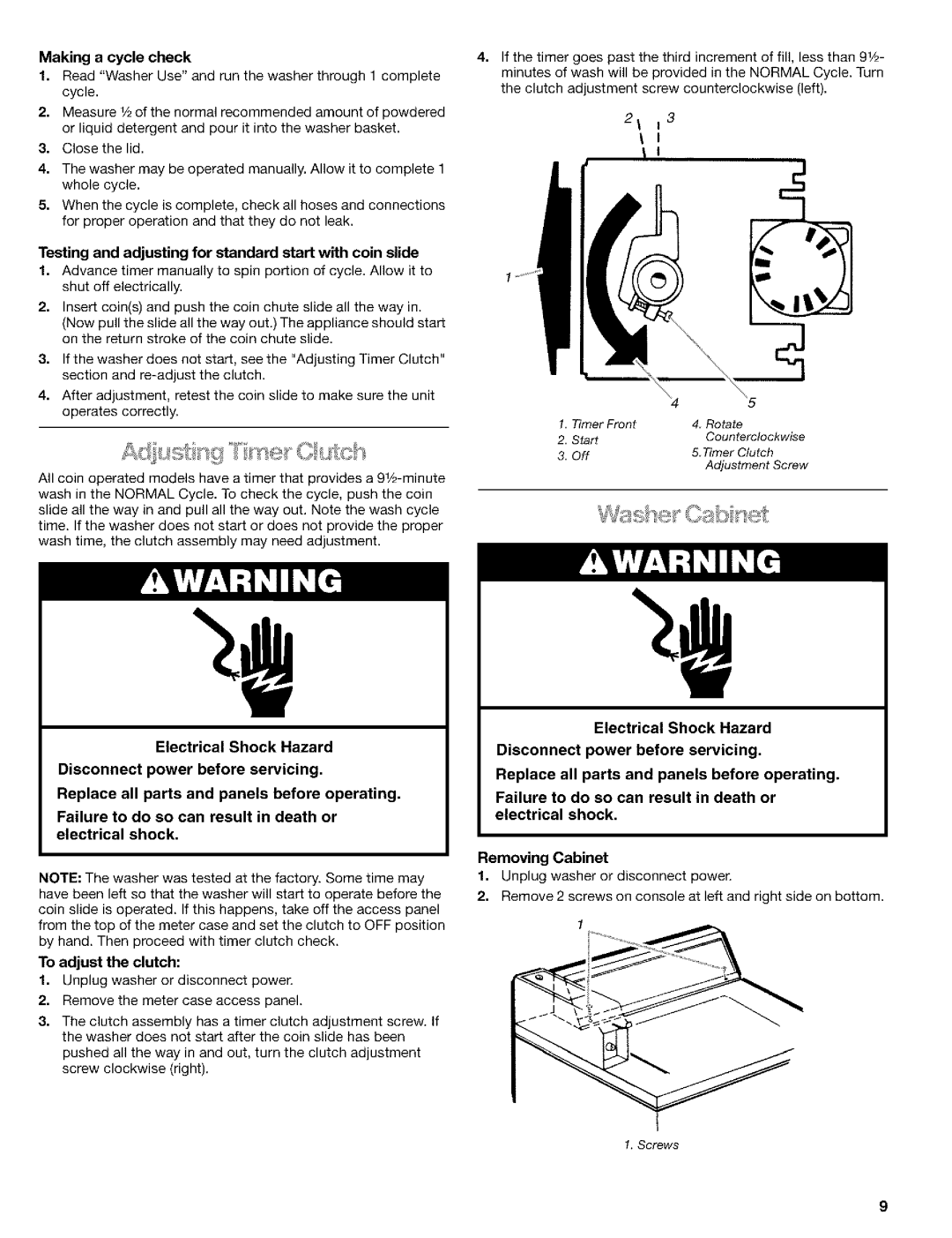 Kenmore 3948597B Making a cycle check, Testing and adjusting for standard start with coin slide, To adjust the clutch 