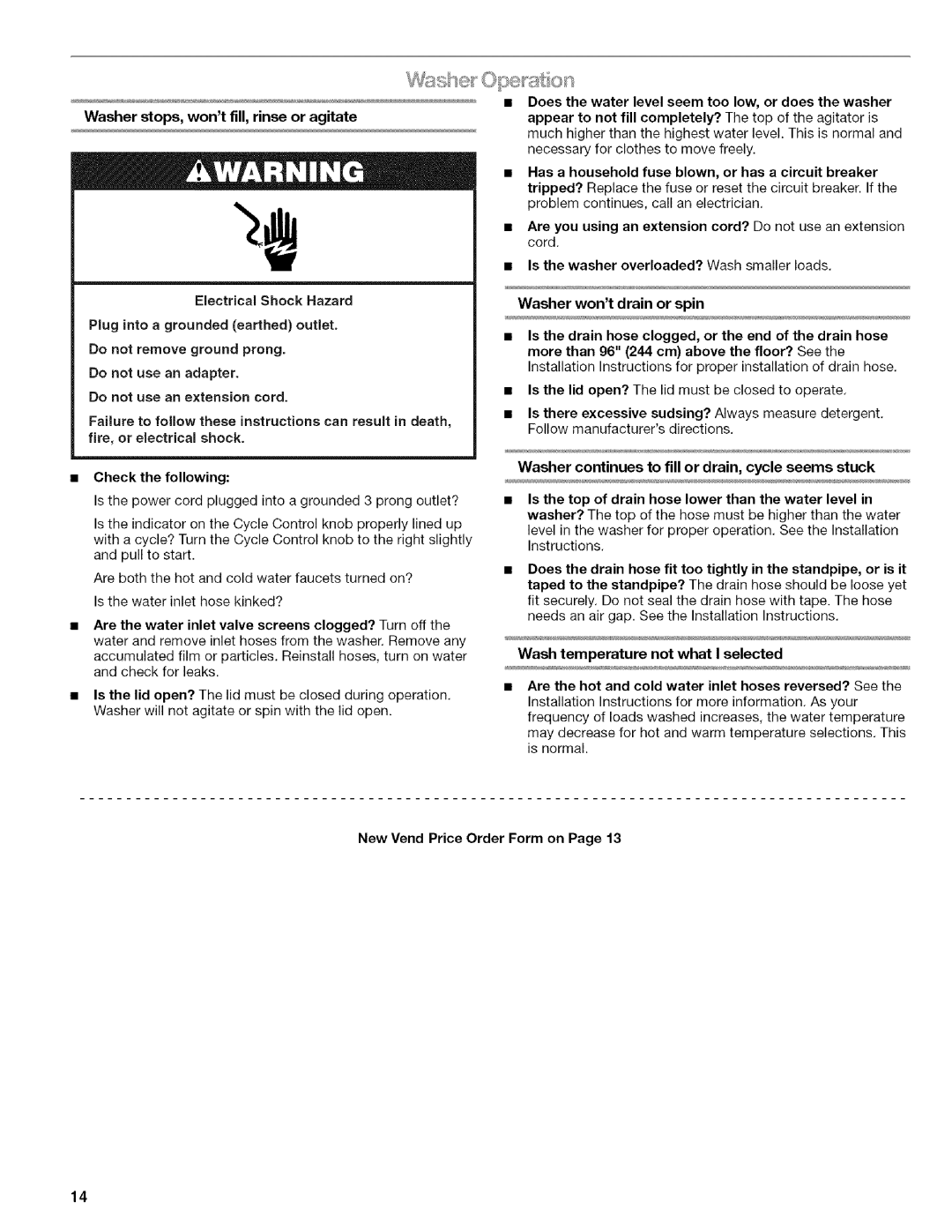 Kenmore 3948598A manual Washer stops, wontfill, rinse or agitate, Does the water level seem too low, or does the washer 