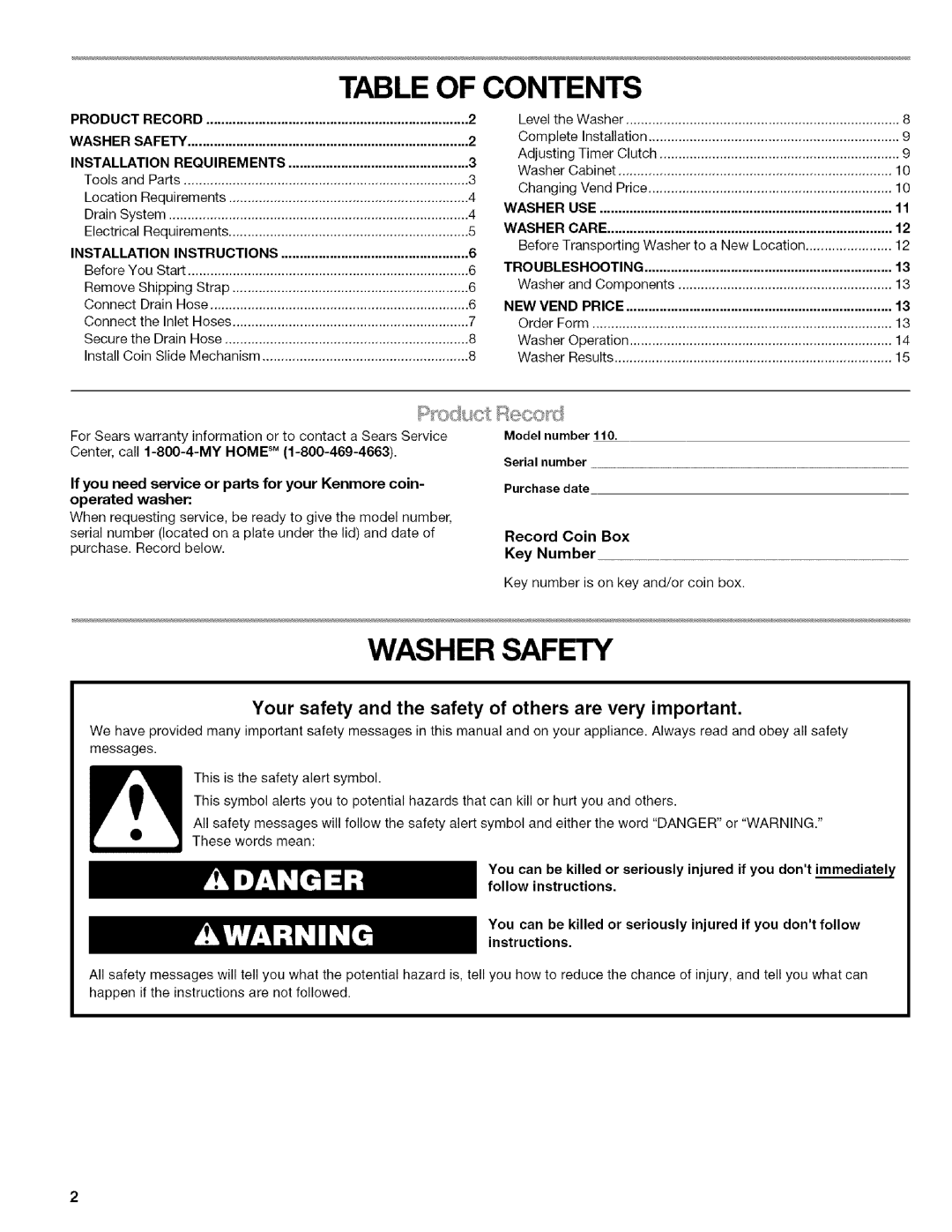 Kenmore 3948598A manual Table of Contents, Washer Safety 