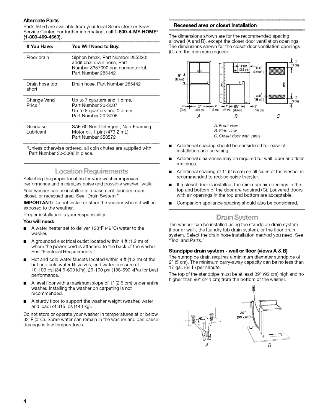 Kenmore 3948598A Alternate Parts, If You Have You Will Need to Buy, You will need, Recessed area or closet installation 