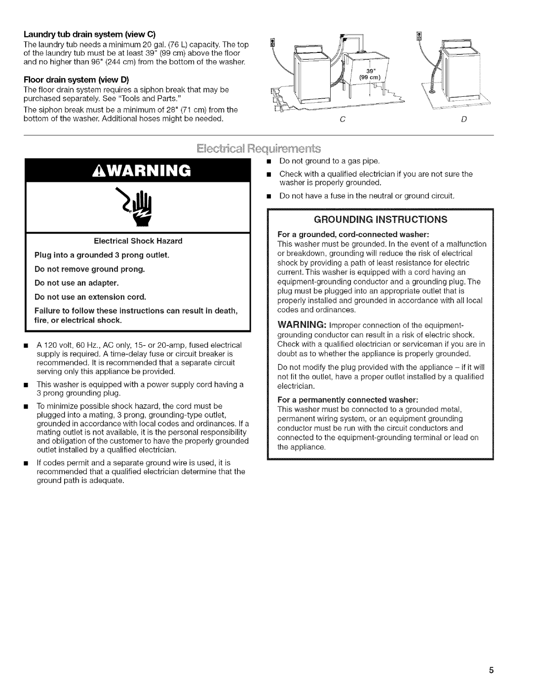 Kenmore 3948598A manual Laundry tub drain system view C, Floor drain system view D, Electrical Shock Hazard 