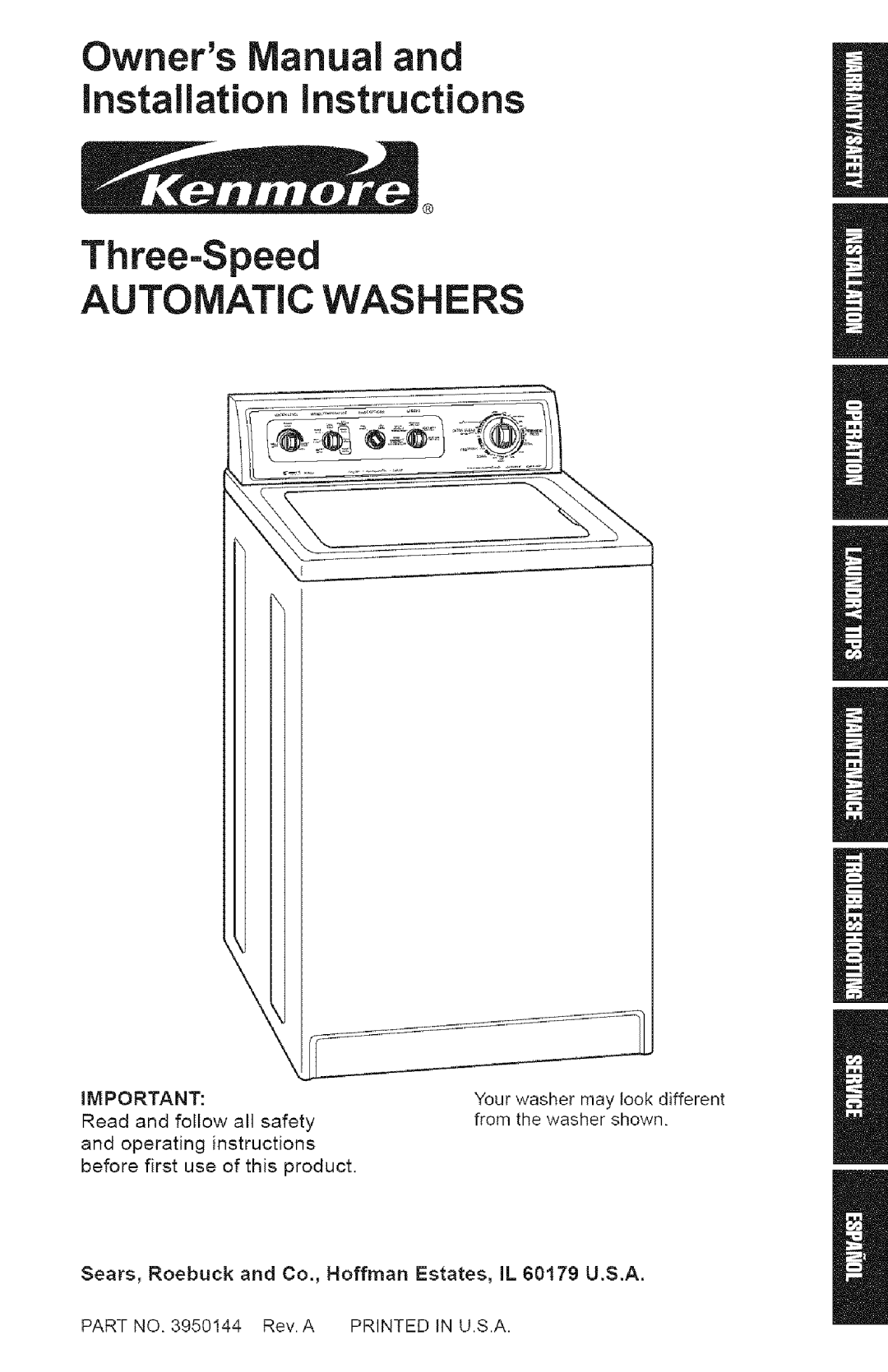 Kenmore 3950144 owner manual Automatic Washers 