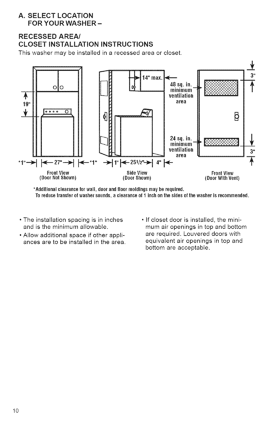 Kenmore 3950144 owner manual Select Location For Your Washer, Closet Installation Instructions 