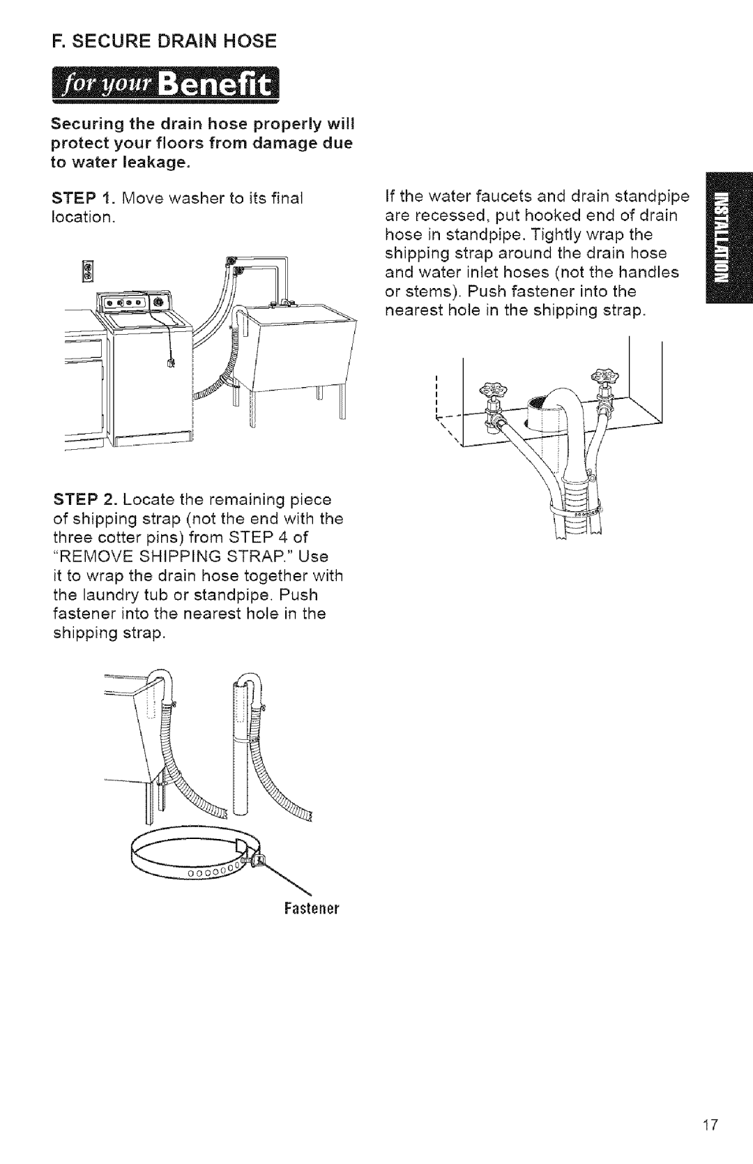 Kenmore 3950144 owner manual Secure Drain Hose, Fastener 