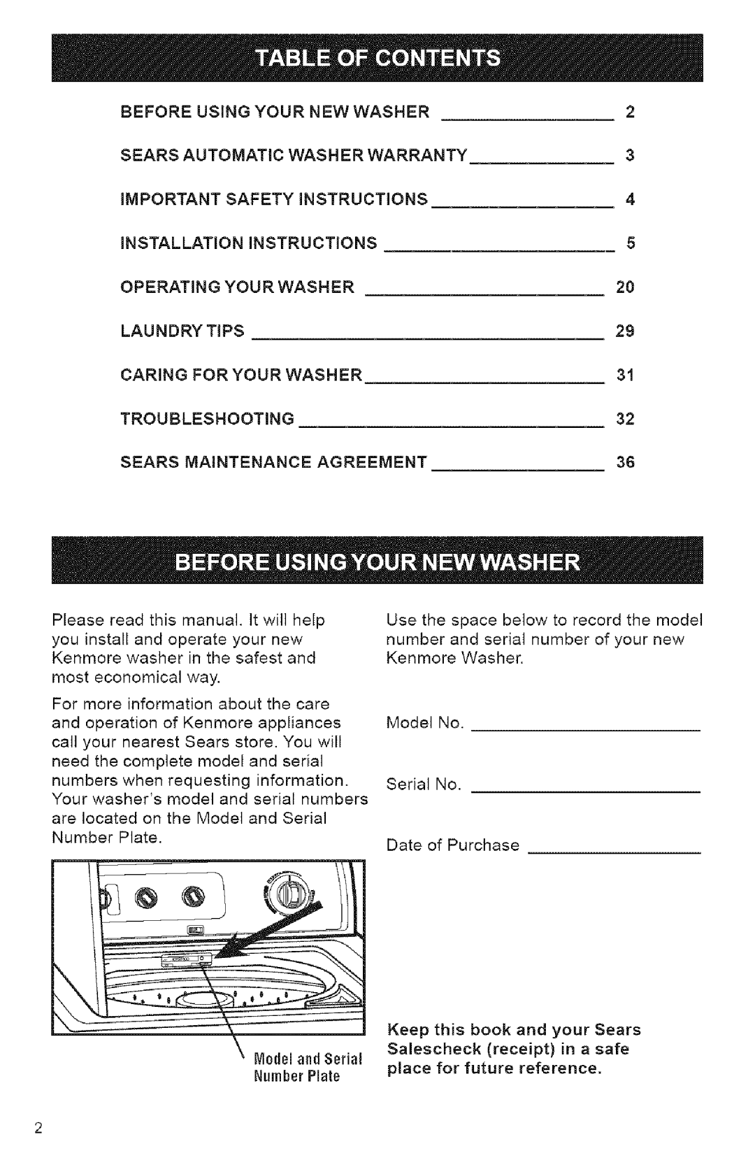 Kenmore 3950144 owner manual Before Using Your NEW Washer Sears Automatic Washer Warranty 