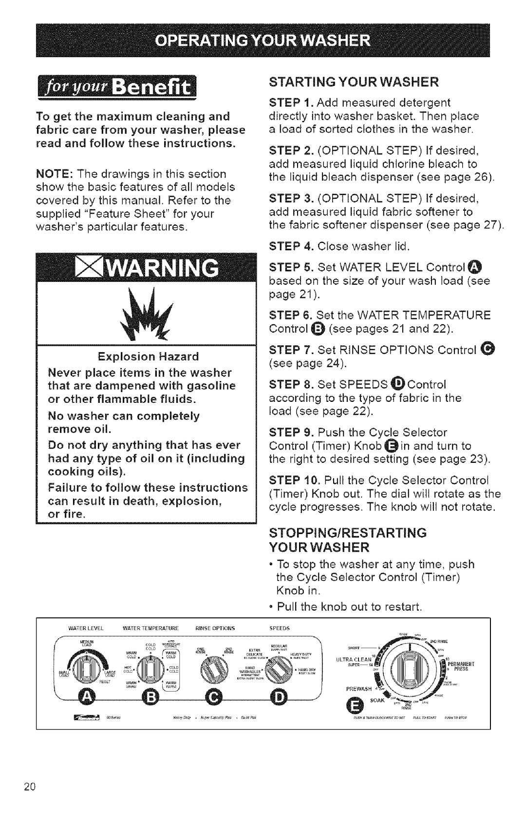 Kenmore 3950144 owner manual Starting Your Washer, STOPPING/RESTARTING Yourwasher 