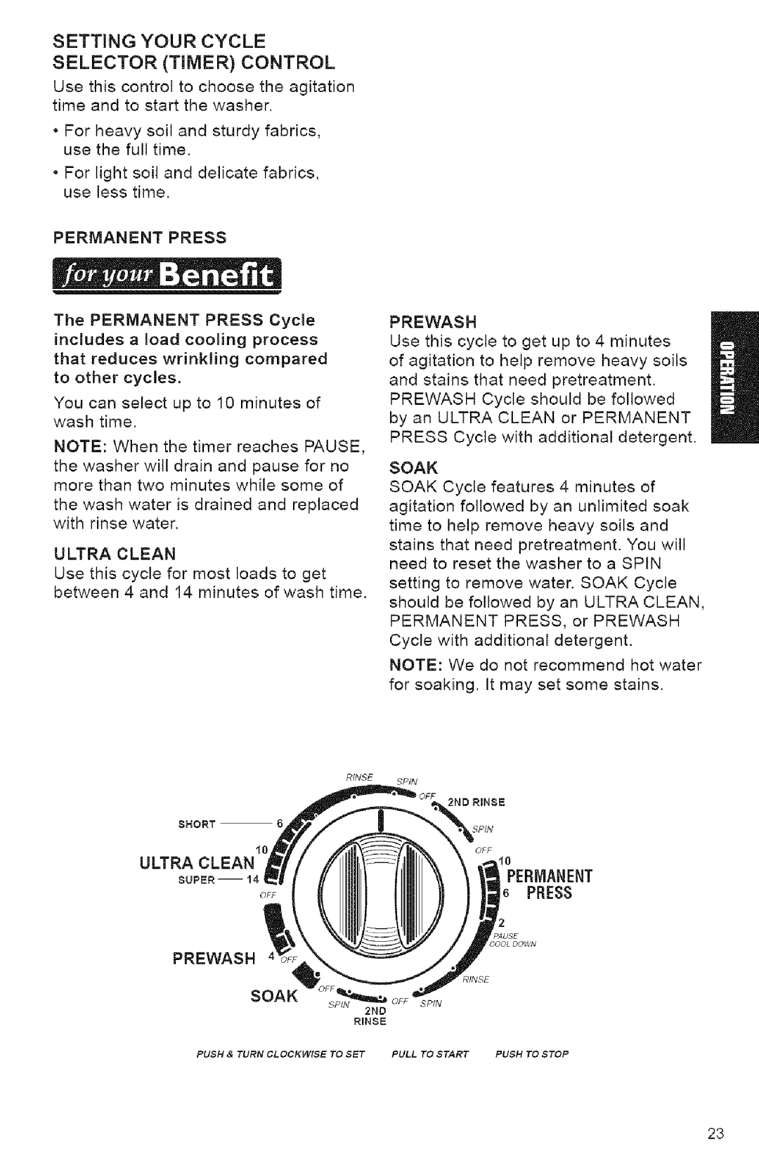 Kenmore 3950144 Setting Your Cycle Selector Timer Control, Permanent Press Cycle includes a load cooling process, Prewash 