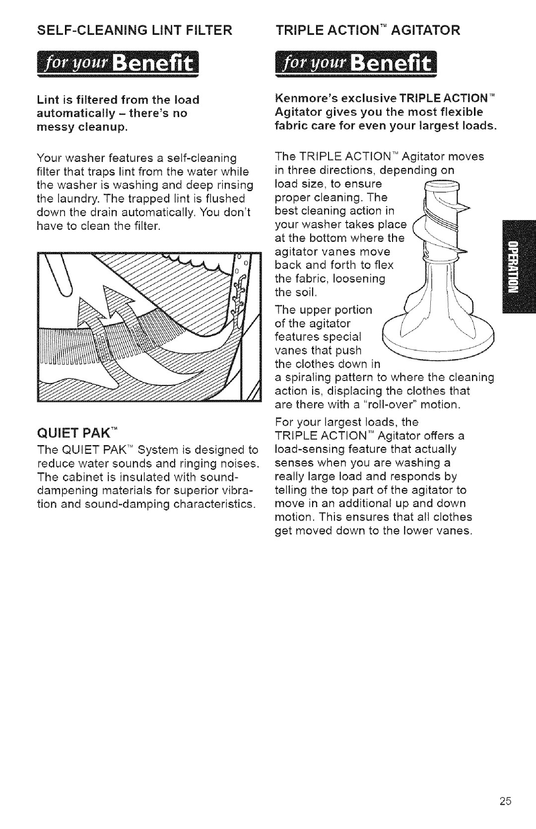 Kenmore 3950144 owner manual SELF-CLEANING Lint Filter Triple Action Agitator, Quiet PAK TM, Sounds, Insulated 