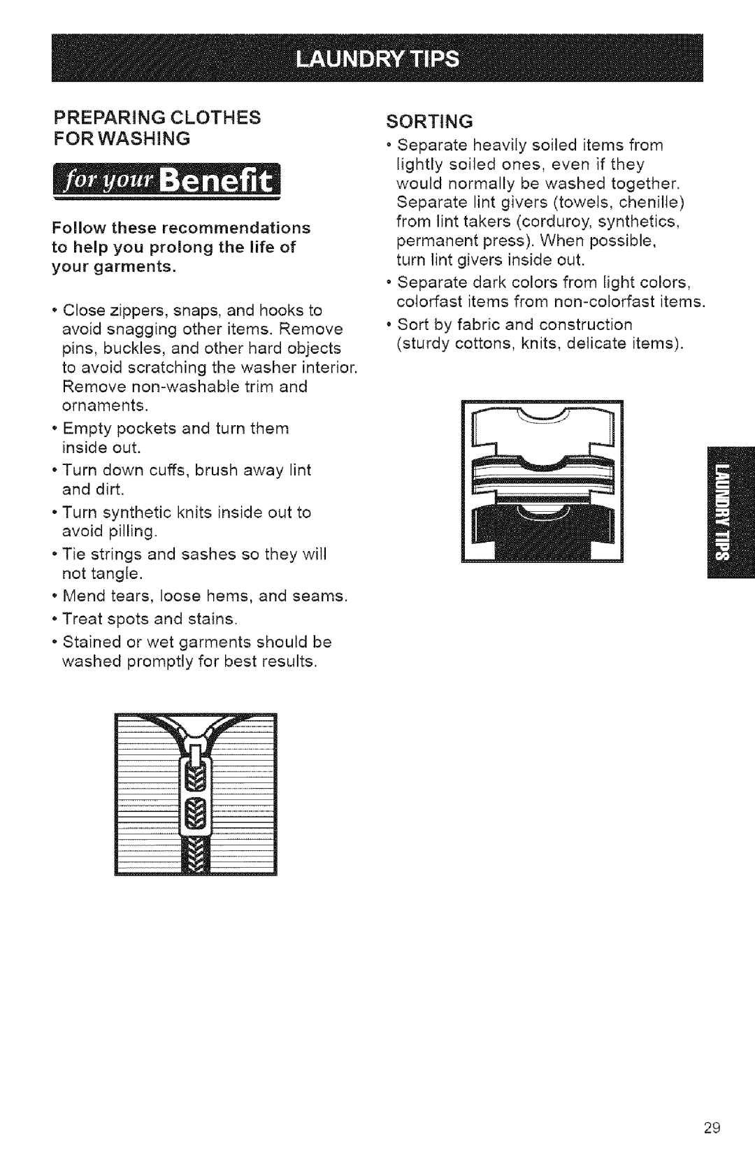 Kenmore 3950144 owner manual Preparing Clothes Forwashing, Sorting 