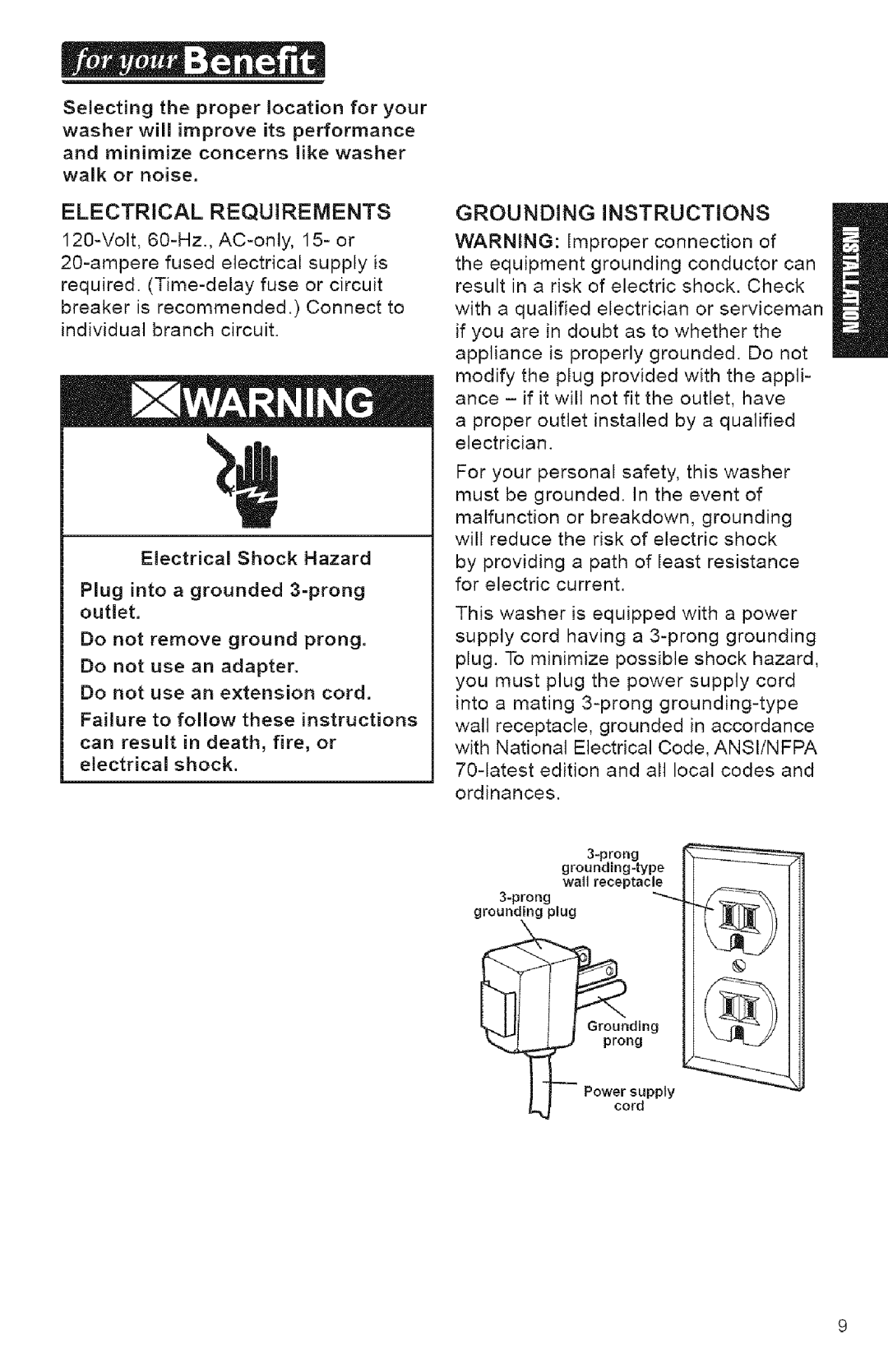 Kenmore 3950144 owner manual Electrical Requirements, Grounding Instructions 