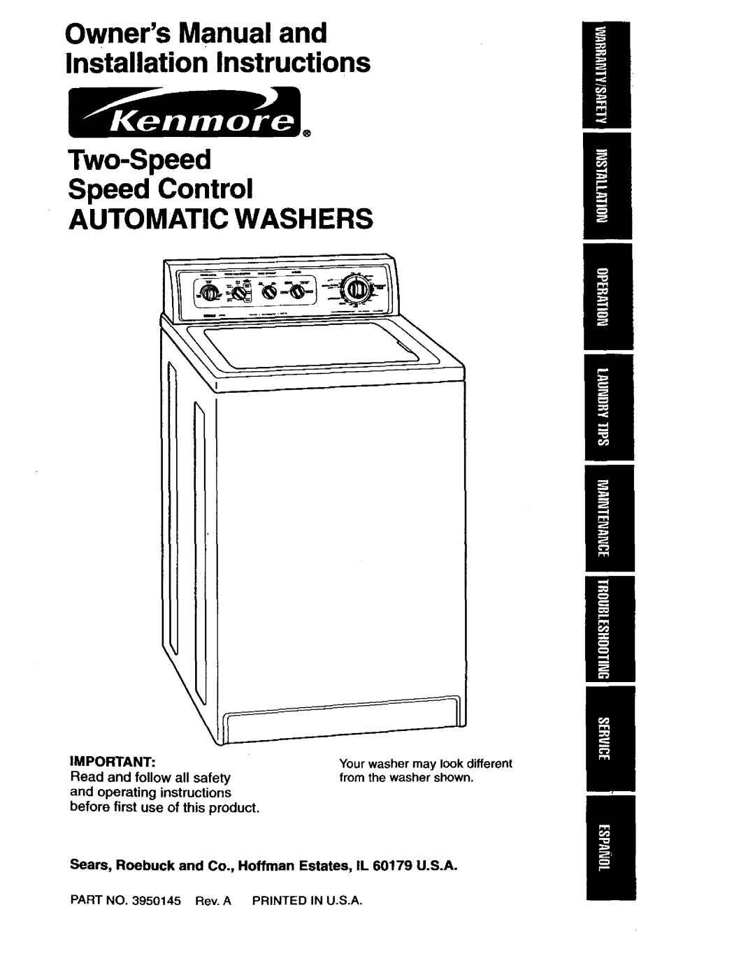 Kenmore 110.29884890, 3950145 owner manual OwnersManual Installation Instructions, Your washer may look different 