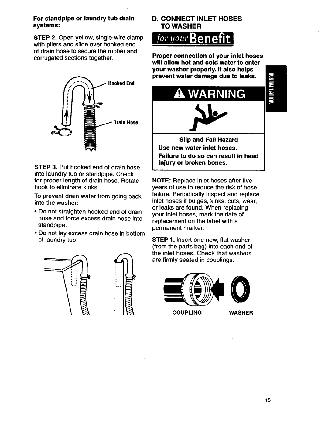 Kenmore 3950145 Connect Inlet Hoses to Washer, For standpipe or laundry tub drain systems, Are firmly seated in couplings 