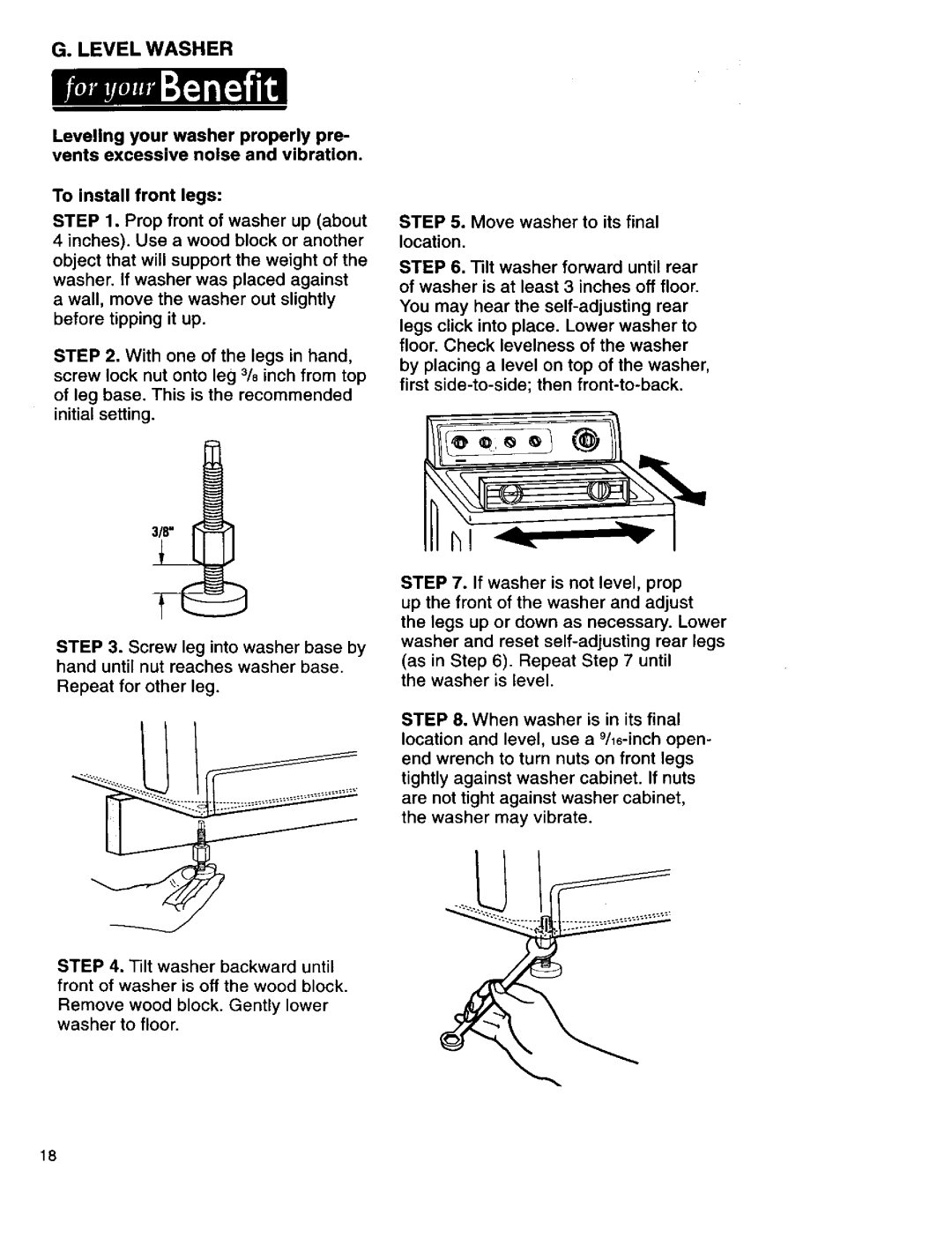 Kenmore 11026832692, 3950145, 110.29884890 Levelwasher, To install front legs, Location, Prop front of washer up about 