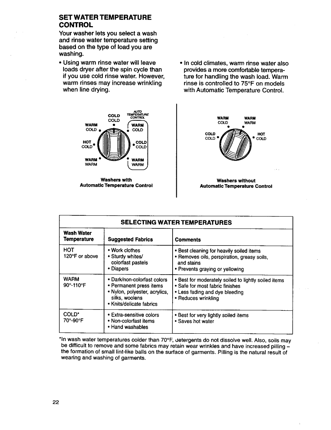 Kenmore 110.29882891, 3950145, 110.29884890 SET Water Temperature Control, Selecting Water Temperatures, Hot, Warm, Cold 