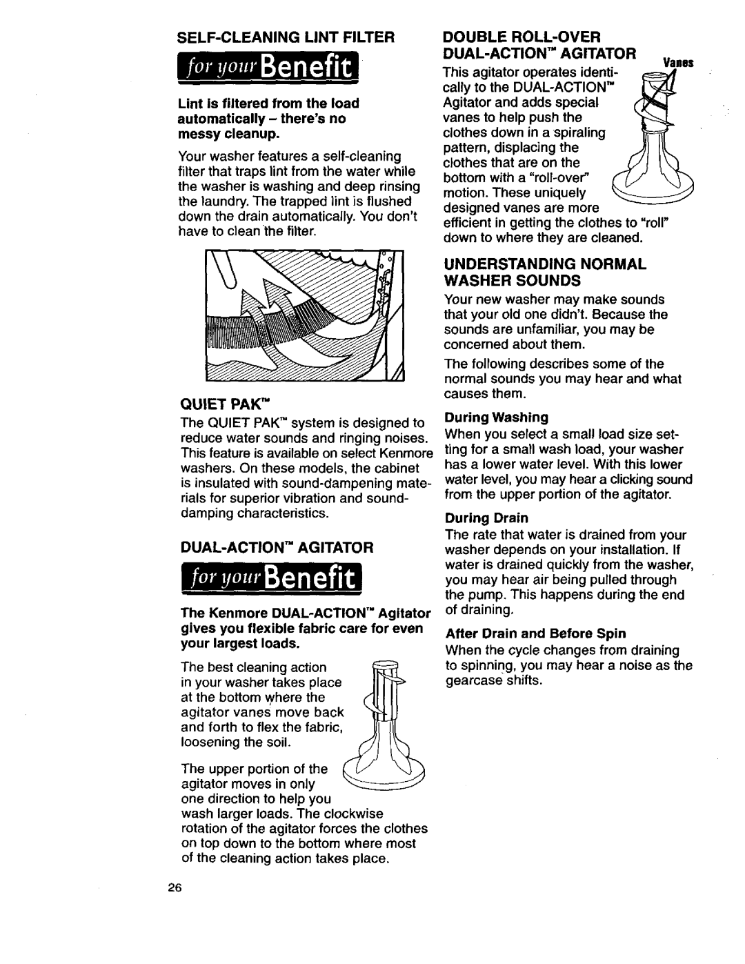 Kenmore 110.29884890, 3950145, 110.29882891 SELF-CLEANING Lint Filter, Double ROLL-OVER DUAL-ACTION Agitator, Quiet PAK TM 