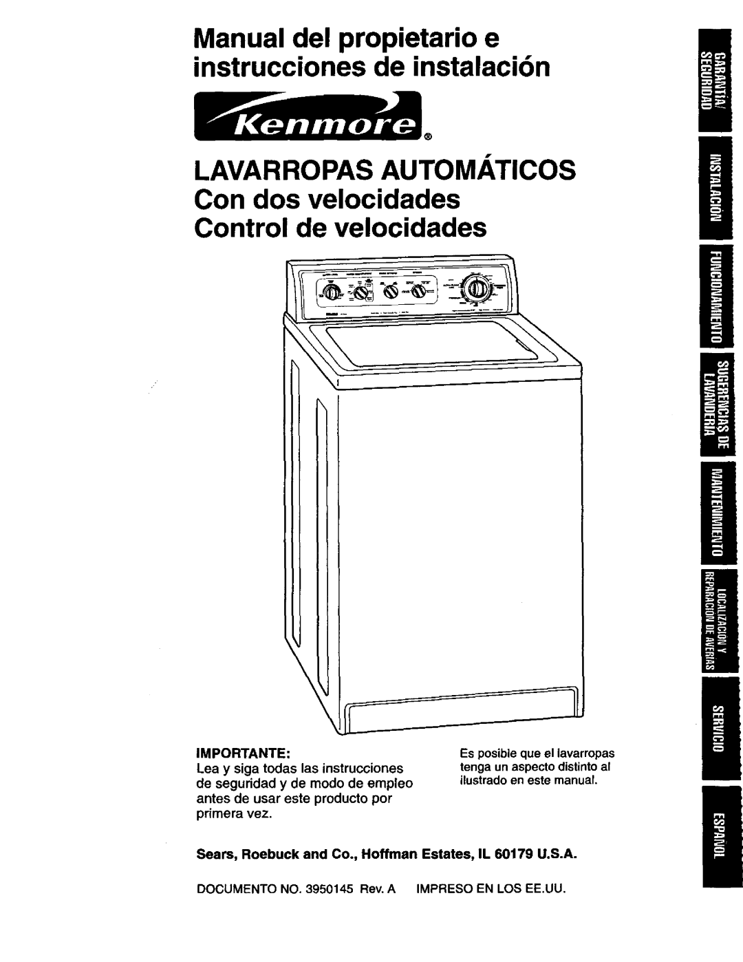 Kenmore 110.29882890, 3950145, 110.29884890, 110.29882891, 11026832692 owner manual Importante 