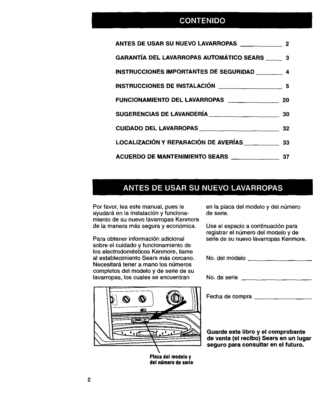 Kenmore 3950145 Cuidado DEL Lavarropas Localizacion Reparacion DE Averas, INSTRUCClONES, Acuerdo DE Mantenimiento Sears 